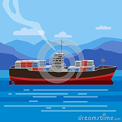 Shipwreck of cargo ship in ocean, vessel going under water and goods containers. Marine transport crash, vector Vector Illustration