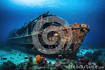 shipwreck covered in colorful and vibrant marine life Stock Photo