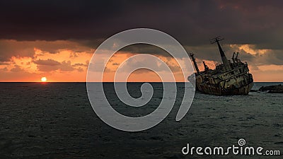 The shipwreck Edro III at sunset near Paphos, Cyprus. Long exposure Stock Photo