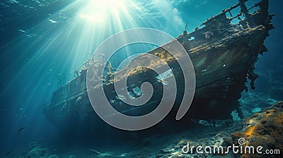 Shipwreck scenery underwater ship wreck deep blue water ocean scenery of metal underwater Stock Photo