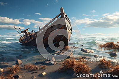 Shipwreck on the seashore. 3d render illustration, Wreck of a fishing boat in the sea. 3d render, AI Generated Cartoon Illustration