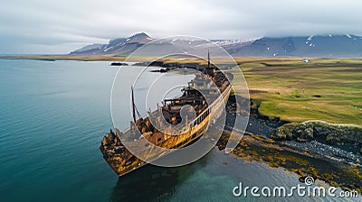 Shipwreck. The ship ran aground top view. The ship crashed on the coastal cliffs. Abandoned marine vessels. The ship Stock Photo