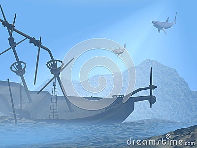 Shipwreck underwater - 3D render Stock Photo