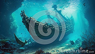 Shipwreck underwater, derelict wreck of old sailing ship under water, generative AI Stock Photo