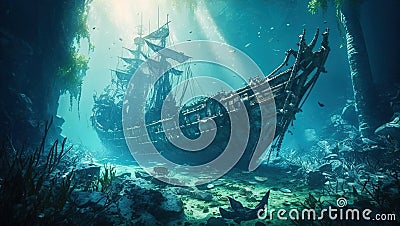 Shipwreck underwater, derelict wreck of old sailing ship under water, generative AI Stock Photo