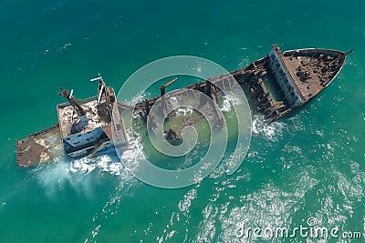 Shipwrecked tanker abandoned by coast, hinting at maritime past Stock Photo