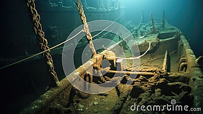 Shipwrecked Titanic, Remains of sunken ship wreck at the bottom of the ocean, Interior of a decaying wreckage at the bottom of the Stock Photo