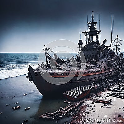 Shipwrecked World. Post-apocalyptic coastal scene with sunken ships, washed-up debris Stock Photo