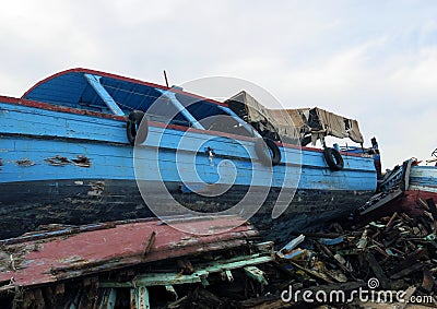 Shipwrecks after the disembarkation of refugees Stock Photo
