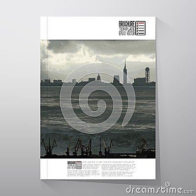 Shipyard and city landscape. Brochure, flyer or Vector Illustration