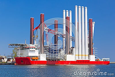 Shipyard in Gdynia with wind turbine installation vessel Stock Photo