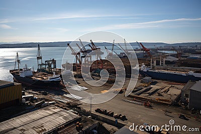 shipyard, with ships under construction, and view of distant city skyline Stock Photo