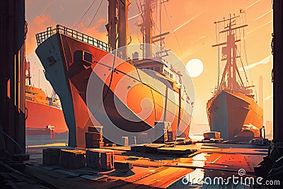 shipyard at sunrise, with the sun shining on freshly painted boats Stock Photo