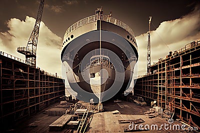 shipyard, with view of cargo ship being constructed in dry dock Stock Photo