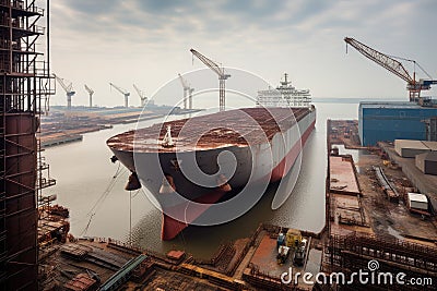 shipyard, with view of massive ship under construction on floating drydock Stock Photo