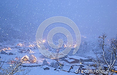 Shirakawago light-up snowfall Stock Photo