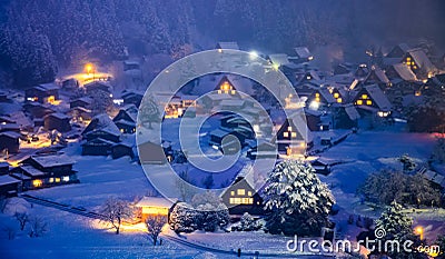 Shirakawago village with light up festival in winter, Gifu, Chubu, Japan Stock Photo