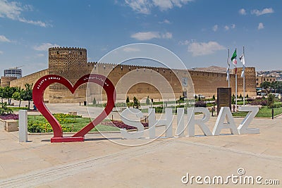 SHIRAZ, IRAN - JULY 6, 2019: I Love Shiraz sign and Karim Khan Citadel in Shiraz, Ira Editorial Stock Photo