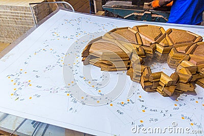 SHIRAZ, IRAN - JULY 6, 2019: Wooden mosaic in a restoration workshop in Khan Madrasa religious school in Shiraz, Ira Editorial Stock Photo