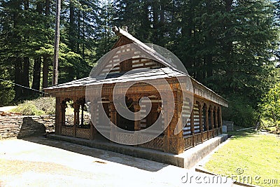 Intricate wooden carvings, Shirgan Naaga temple, Bhanara Village, built with timber kath-khuni cator & cribbage techique, India Editorial Stock Photo