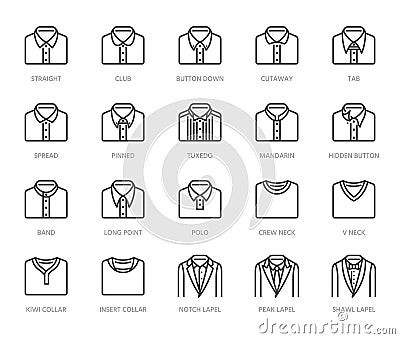 Shirt collars, jacket types flat line icons set. Formal clothing vector illustrations, classic white collar, tuxedo Vector Illustration