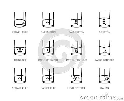 Shirt cuffs types flat line icons set. One button, french cuff, turnback sleeves vector illustrations. Outline pictogram Vector Illustration