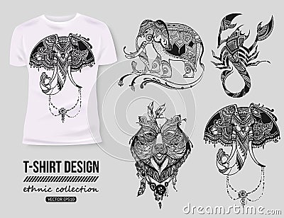 -shirt design with hand-drawn ethnic animals collection, mehendi tatoo style. White isolated t-shirt. Ethnic african Vector Illustration