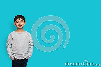 Shirt design and people concept - close up of little boy in plain tshirt front and rear isolated. Mock up template for design Stock Photo