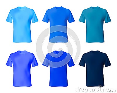 Shirt design template. Set men t shirt navy blue, indigo color. Realistic mockup shirts model male fashion Vector Illustration