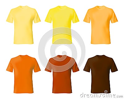 Shirt design template. Set men t shirt yellow, orange, brown color. Realistic mockup shirts model male fashion Vector Illustration