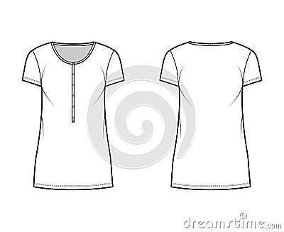 Shirt dress mini technical fashion illustration with henley neck, short sleeves, oversized, Pencil fullness, stretch Vector Illustration