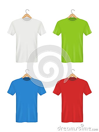 Shirt on hanger. Colored blank clothes for adults male and female polo t-shirts. Vector realistic empty template Vector Illustration
