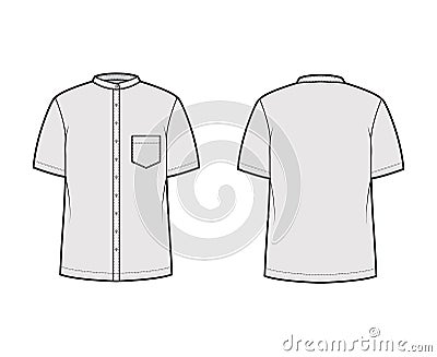 Shirt nehru collar technical fashion illustration with short sleeves, angled pocket, mandarin neck. Flat indian jacket Vector Illustration