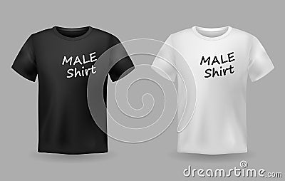 Shirt realistic. Textile realistic male black and white t-shirts with print sport text isolated vector sport outfit Vector Illustration