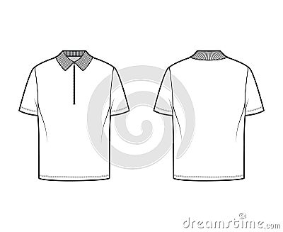 Shirt zip polo technical fashion illustration with short sleeves, tunic length, henley neck, oversized, flat knit collar Vector Illustration