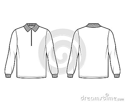 Shirt zip-up polo technical fashion illustration with long sleeves, tunic length, henley neck, oversized, flat collar Vector Illustration