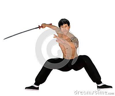 Shirtless Chinese Sword Fighter 3D Render Stock Photo