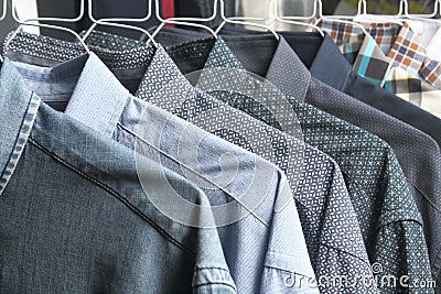 Shirts at the dry cleaners freshly ironed Stock Photo