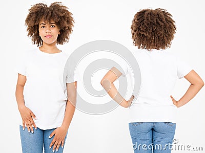 Shirts set. Summer t shirt design and close up of young afro american woman in blank template white t-shirt. Mock up. Copy space. Stock Photo