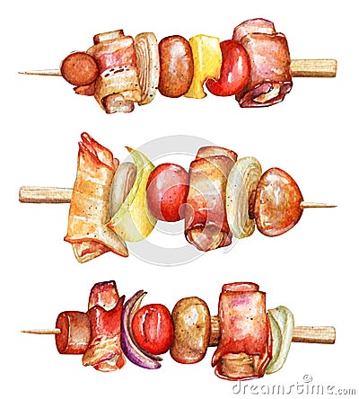 Shish kabobs with pork, bacon, champinions and vegetables Cartoon Illustration