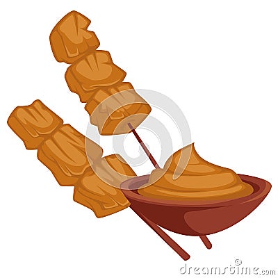 Shish kebab chicken meat on wooden stick with sauce Vector Illustration