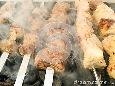 Shish kebab on metal sticks roasted on the grill Stock Photo