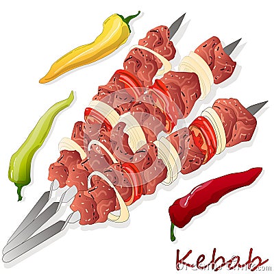 Shish kebab with onion and cherry tomato. Grilled meat skewers. Top view. Vector illustration Vector Illustration