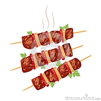 Shish kebab on skewers with onions and tomatoes. Vector Illustration