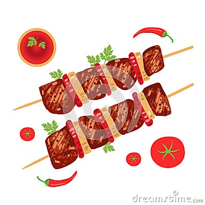 Shish kebab on skewers with onions and tomatoes. Vector Illustration