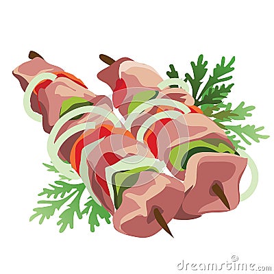 Shish kebab on a stick with vegetables and herbs Vector Illustration