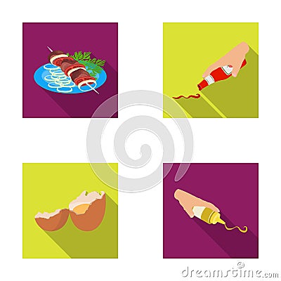 Shish kebab with vegetables, ketchup and mustard, seasoning for food, broken egg. Food and Cooking set collection icons Vector Illustration