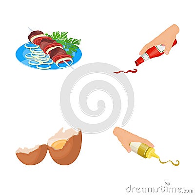 Shish kebab with vegetables, ketchup and mustard, seasoning for food, broken egg. Food and Cooking set collection icons Vector Illustration