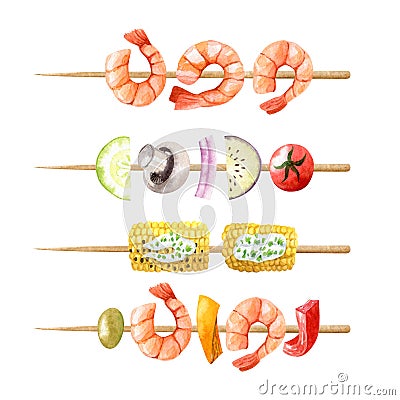 Shish kebab watercolor clipart set isolated on white background Cartoon Illustration