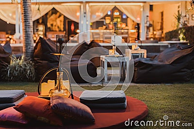 Shisha bar with a sitting bag. Lounge place. hookah in interior. summer time. Stock Photo